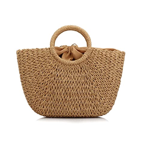 LXXUY Straw Bags for Women, Hand-woven Straw Large Hobo Summer Beach Bag Round Handle Ring Toto Retro Rattan Bag, Coyote Brown, One Size