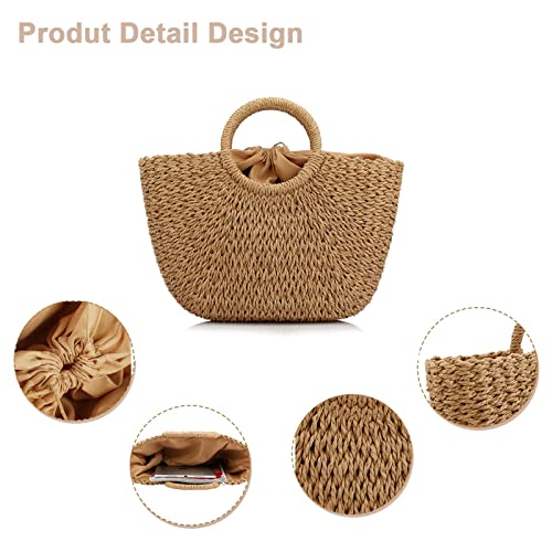 LXXUY Straw Bags for Women, Hand-woven Straw Large Hobo Summer Beach Bag Round Handle Ring Toto Retro Rattan Bag, Coyote Brown, One Size