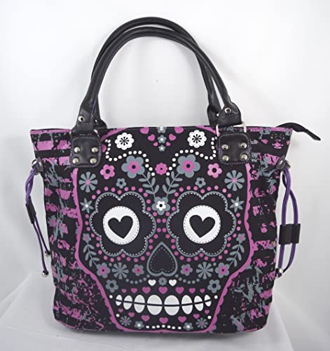 Lost Queen Purple Candy Flower Sugar Skull Cotton Canvas Shoulder Bag