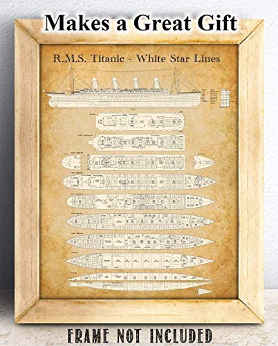 R. M. S. Titanic - White Star Lines Deck Plan - 11x14 Unframed Patent Print - Great Gift and Decor for History and Cruise Ship Buffs Under $15