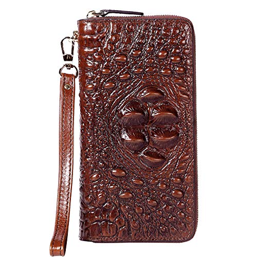 PIJUSHI Wristlet Wallet Crocodile Leather Wallets for Women Ladies Clutch Purse (1058 Brown)