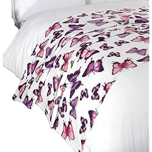 Dreamscene Butterfly Fleece Blanket Super Soft Warm Cozy Sofa Bed Throw, 50" x 60" inch - Purple White