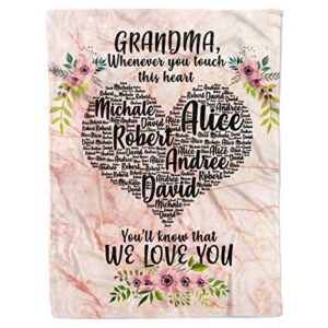 vth global personalized custom grandma grandkids names mothers day fleece sherpa throw blankets birthday present for nana mimi gigi grandmother from granddaughter grandson (pink touch heart)