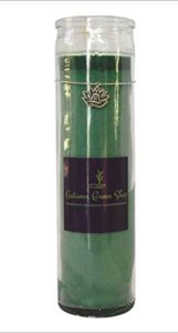 green candle – lotus/charm – meditation, spiritual, yoga to bring in tranquility, relieve stress, create balance, healing and money drawings