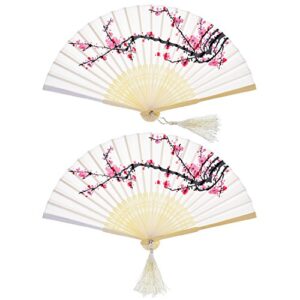 2 pieces folding fans handheld fans bamboo fans with tassel women’s hollowed bamboo hand holding fans for wall decoration, gifts (white cherry)