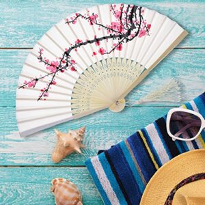 2 Pieces Folding Fans Handheld Fans Bamboo Fans with Tassel Women's Hollowed Bamboo Hand Holding Fans for Wall Decoration, Gifts (White Cherry)