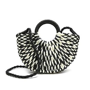 qtkj women summer retro straw tote bag hand-woven boho shoulder bag crossbody bag round handle beach handbags (black)