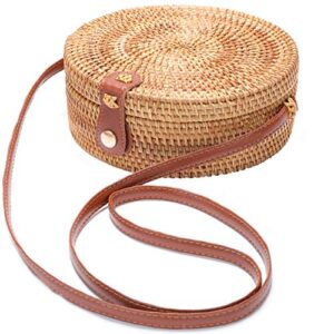 handwoven round rattan bag shoulder leather straps natural chic hand