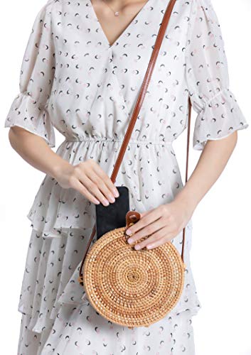 Handwoven Round Rattan Bag Shoulder Leather Straps Natural Chic Hand