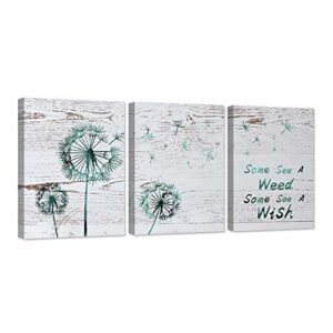 Zlove 3 Pieces Bathroom Canvas Wall Art Teal Dandelion with Some See a Weed Some See a Wish Inspirational Quote Flower Artwork on Wood Background For Home Bedroom Decor Stretched and Framed Ready to Hang 12"x16"x3pcs