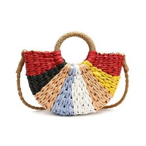 qtkj women summer retro straw tote bag hand-woven colorful boho shoulder bag crossbody bag round handle beach handbags