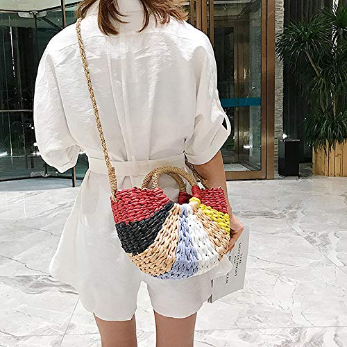 QTKJ Women Summer Retro Straw Tote Bag Hand-woven Colorful Boho Shoulder Bag Crossbody Bag Round Handle Beach Handbags