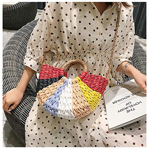 QTKJ Women Summer Retro Straw Tote Bag Hand-woven Colorful Boho Shoulder Bag Crossbody Bag Round Handle Beach Handbags