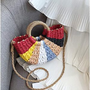QTKJ Women Summer Retro Straw Tote Bag Hand-woven Colorful Boho Shoulder Bag Crossbody Bag Round Handle Beach Handbags
