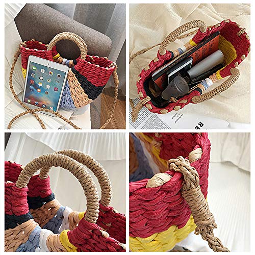 QTKJ Women Summer Retro Straw Tote Bag Hand-woven Colorful Boho Shoulder Bag Crossbody Bag Round Handle Beach Handbags