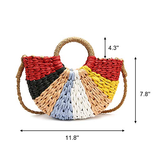 QTKJ Women Summer Retro Straw Tote Bag Hand-woven Colorful Boho Shoulder Bag Crossbody Bag Round Handle Beach Handbags