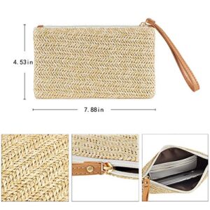 Frienda 2 Pieces Straw Clutch Purse Straw Handbag for Women Summer Beach Straw Bag Bohemian Wristlet Bag (Beige-White, Beige-Yellow)