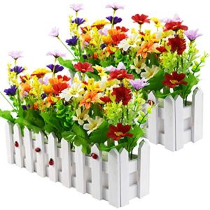 xonor artificial flower plants – mixed color daisies in picket fence pot for indoor office wedding home decor, 2 sets