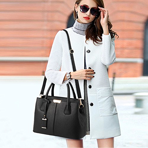 FiveloveTwo Women Ladies Classy Satchel Handbag Tote Purse PU Leather Top- Handle Shoulder Bag Black