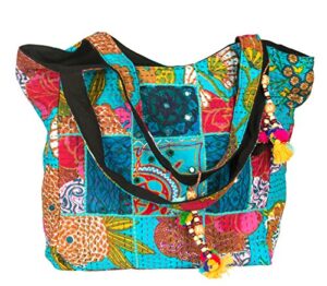tribeazure large oversize blue canvas shoulder bag handbag unique tote quilt vintage beach travel summer