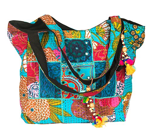 TribeAzure Large Oversize Blue Canvas Shoulder Bag Handbag Unique Tote Quilt Vintage Beach Travel Summer