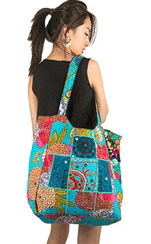 TribeAzure Large Oversize Blue Canvas Shoulder Bag Handbag Unique Tote Quilt Vintage Beach Travel Summer