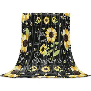 edwiinsa you are my sunshine fleece blanket lightweight super soft 60” x 80”, sunflowers and bees framed design warm fuzzy plush cozy luxury microfiber bed blankets all season for couch/sofa/gift