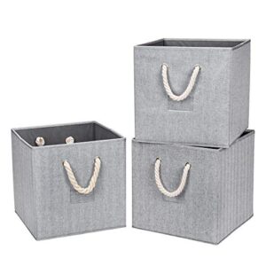 robuy cube storage bins,grey fabric foldable storage bins,set of 3 stroage boxes with cotton rope handles for organizer home,office, nursery 13x13x13 inch
