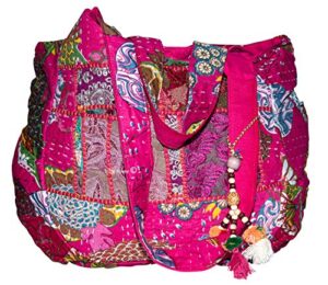 tribeazure large fashion pink canvas shoulder bag handbag unique tote quilt vintage beach travel summer