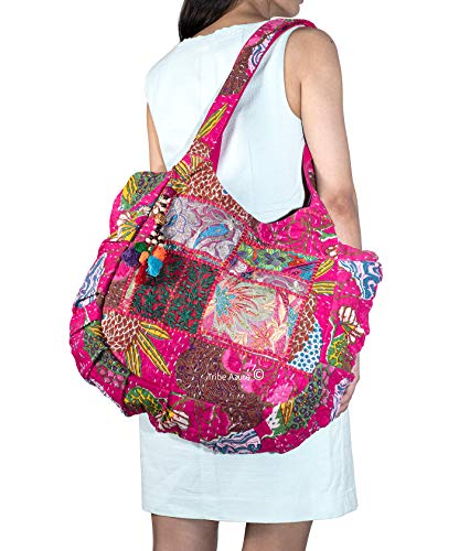 TribeAzure Large Fashion Pink Canvas Shoulder Bag Handbag Unique Tote Quilt Vintage Beach Travel Summer