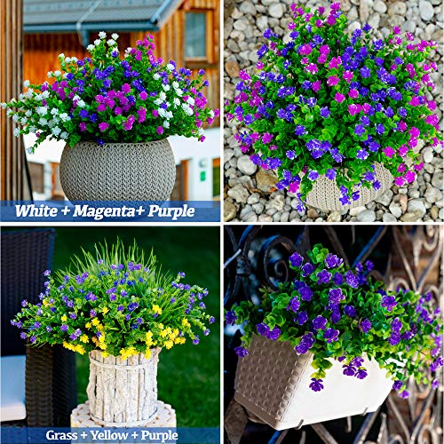 AXYLEX Artificial Flowers Outdoor Fake Plants - 12 Bundles Outside Face Plastic Greenery UV Resistant No Fade Faux Daffodils Spring Shrubs Home Decoration Garden Porch Patio Bushes Farmhouse (Purple)