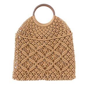 chic diary womens hand-woven straw shoulder bag summer beach handles tote handbag (#02-khaki)