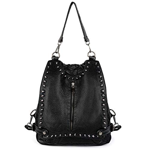 UTO Women Backpack Purse PU Washed Leather Rivet Studded Convertible Ladies Rucksack Shoulder Bag Black