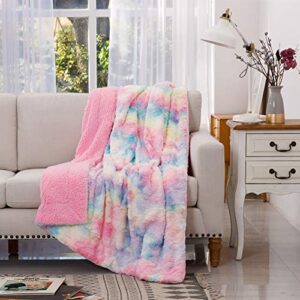 cocoplay w faux fur throw blanket, super soft fuzzy lightweight luxurious cozy warm fluffy plush sherpa rose pink rainbow microfiber blanket for bed couch living room (pink rose, throw(50″x65″))