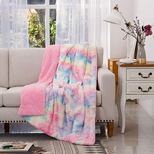 COCOPLAY W Faux Fur Throw Blanket, Super Soft Fuzzy Lightweight Luxurious Cozy Warm Fluffy Plush Sherpa Rose Pink Rainbow Microfiber Blanket for Bed Couch Living Room (Pink Rose, Throw(50"x65"))