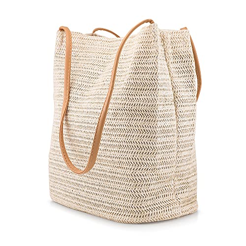 Oct17 Women Straw Beach Bag tote Shoulder Bag Summer Handbag - White