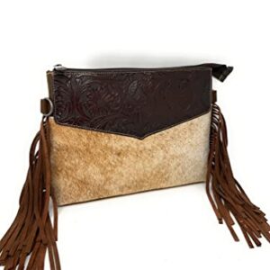 Texas West Handcrafted Genuine Leather Western Cowhide Womens Fringe Clutch Crossbody Bag in 2 Colors (Coffee)