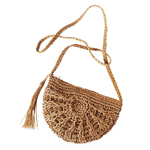 Ayliss Women Straw Crossbody Purse Beach Handmade Woven Shoulder Bag with Tassels (Half Round-Khaki)