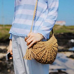 Ayliss Women Straw Crossbody Purse Beach Handmade Woven Shoulder Bag with Tassels (Half Round-Khaki)