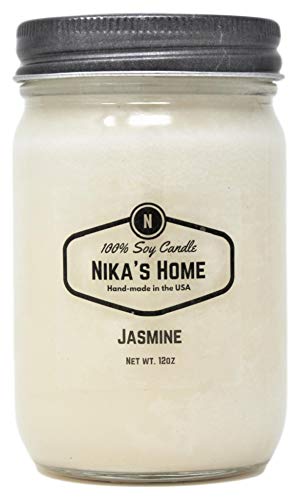 Nika's Home Jasmine Soy Candle 12oz Mason Jar Non-Toxic White Soy Candle-Hand Poured Candle- Handmade, Long Burning 50-60 Hours Highly Scented All Natural, Clean Burning Large Candle Gift Décor