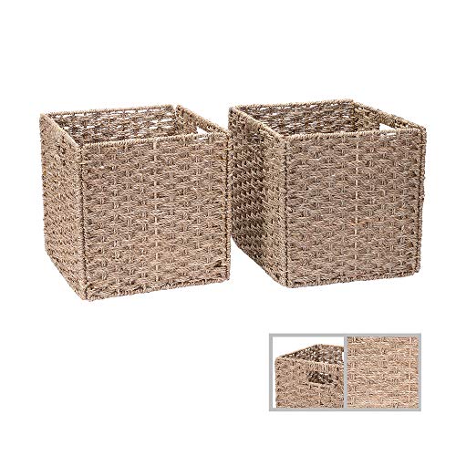 Villacera 12-Inch Square Hand Weaved Wicker Storage Bin, Foldable Baskets made of Water Hyacinth | Set of 2