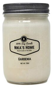 nika’s home gardenia soy candle 12oz mason jar non-toxic white soy candle hand poured handmade, clean long burning 50-60 hours highly scented all natural candle gift décor