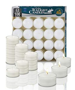 ner mitzvah tea light candles – 100 bulk pack – white unscented tealight candles in clear cup – long burning – 4.5 hour