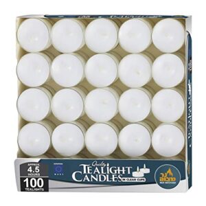 Ner Mitzvah Tea Light Candles - 100 Bulk Pack - White Unscented Tealight Candles in Clear Cup - Long Burning - 4.5 Hour