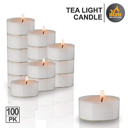 Ner Mitzvah Tea Light Candles - 100 Bulk Pack - White Unscented Tealight Candles in Clear Cup - Long Burning - 4.5 Hour