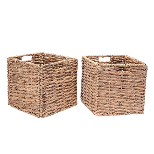 Villacera 12-Inch Square Handmade Twisted Wicker Storage Bin, Foldable Baskets made of Water Hyacinth | Set of 2