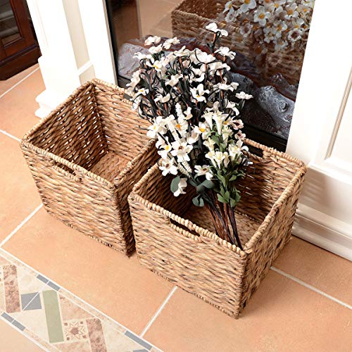 Villacera 12-Inch Square Handmade Twisted Wicker Storage Bin, Foldable Baskets made of Water Hyacinth | Set of 2