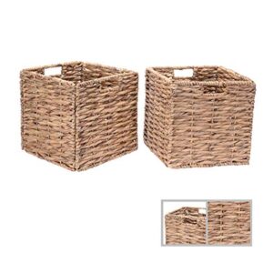 Villacera 12-Inch Square Handmade Twisted Wicker Storage Bin, Foldable Baskets made of Water Hyacinth | Set of 2