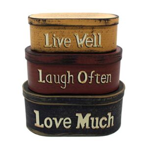 cvhomedeco. primitives vintage oval “live well, laugh often, love much” cardboard nesting boxes, large 9-3/4 x 5-1/2 x 4 inch, set of 3.