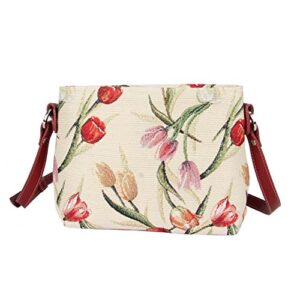 signare tapestry crossbody purse small shoulder bag for women with tulip flower white design (xb02- tulwt)